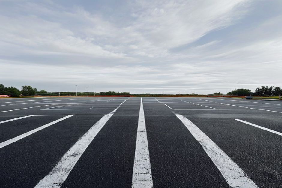 Commercial storefront parking lot, freshly paved